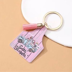 Pink PU Leather Farm Keychain Pendant Ornament With Tassels